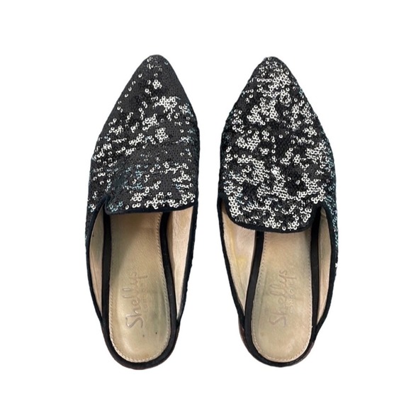 Shellys London Mule Loafers Shoes Sequin Pointed Toe Black Silver Sparkle Sz 36 - Picture 2 of 8